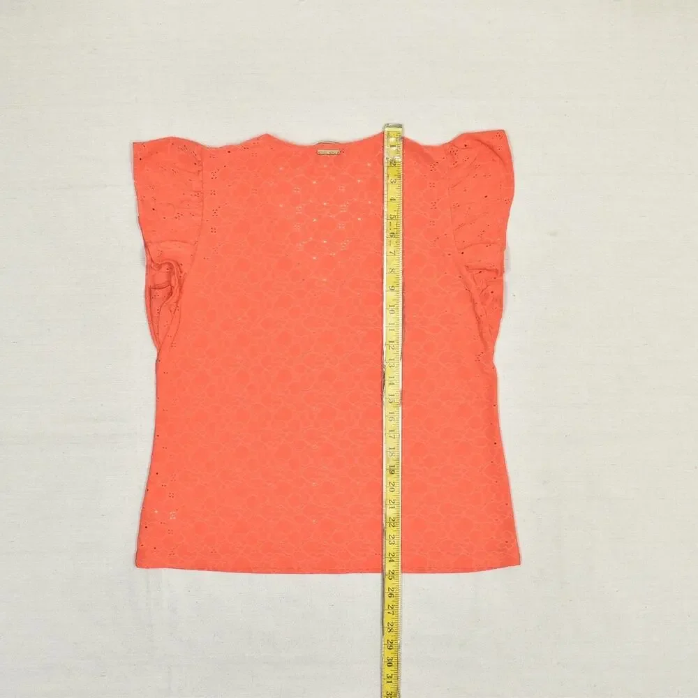 Michael Kors Women's Blouse V Neck Short Sleeve Floral Polyester Orange Size L